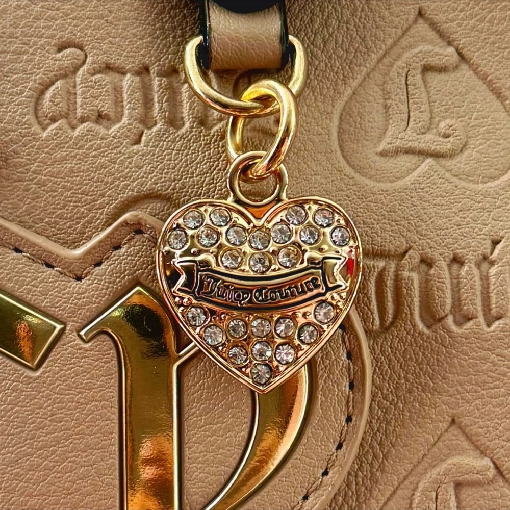 Juicy Couture Logo Mini Beige Cream Tote Web Strap Gold Heart Charm - Picture 2 of 6